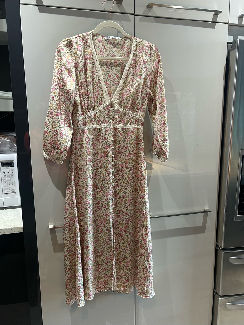 Zara Cream Maxi Dress with Pink Floral Print
